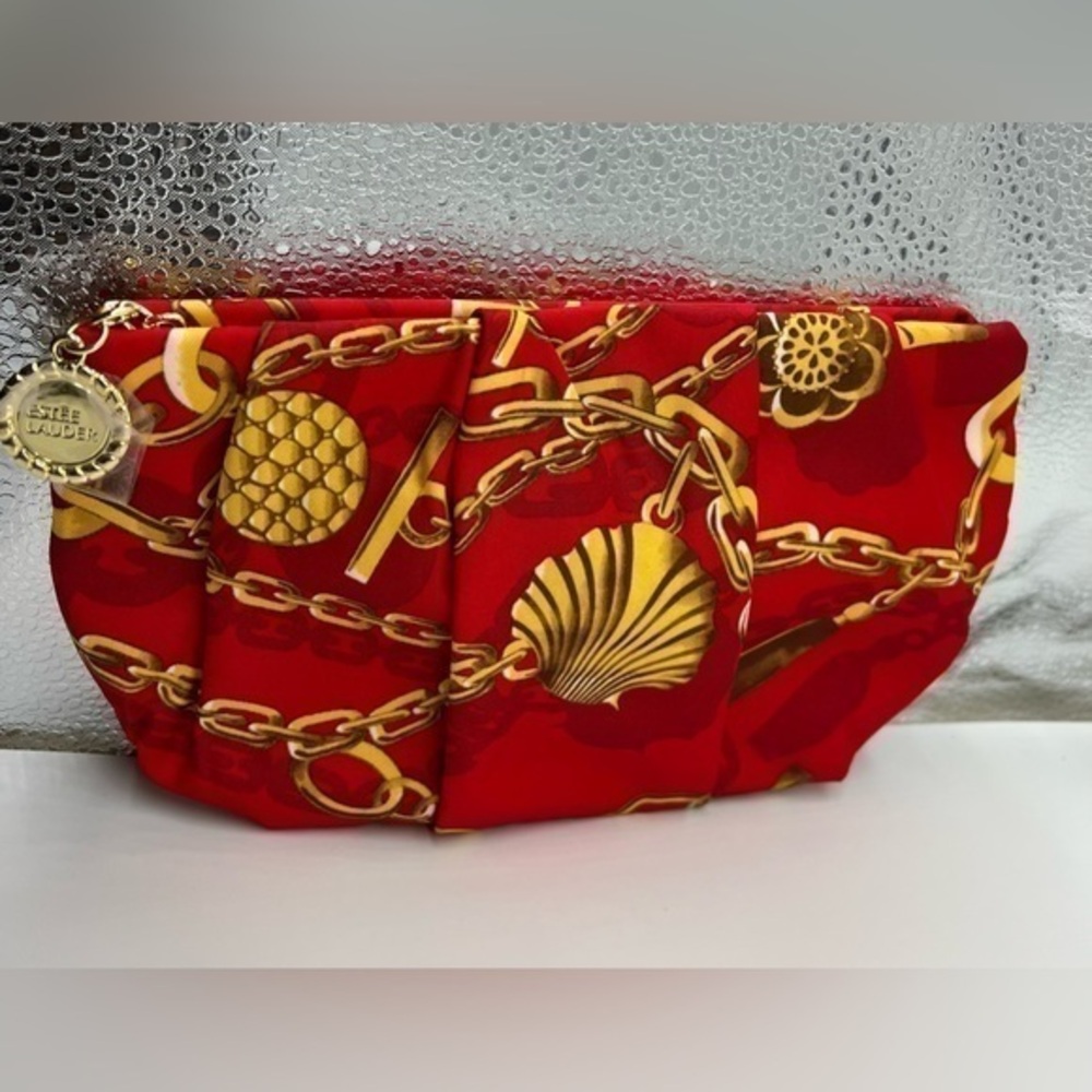Estée Lauder red and gold cloth pleaded cosmetic bag NEW